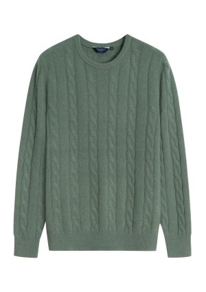 DH Cashmere Cable Crew Neck--Green Melange Cashmere Cable Crew Neck