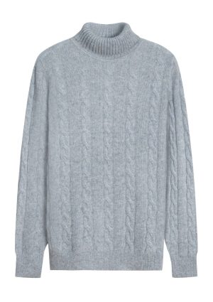 DH Cashmere Cable Roll Neck--Silver Melange Cashmere Cable Roll Neck