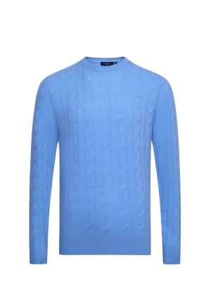Douglas Hayward Cashmere Cable Crew-Azure-Front Cashmere Cable Crew