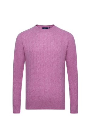 Douglas Hayward Cashmere Cable Crew-Raspberry-Front Cashmere Cable Crew