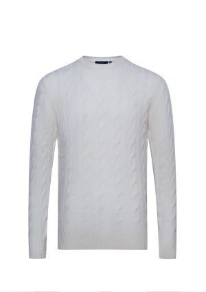 Douglas Hayward Cashmere Cable Crew-Soft Ivory-Front Cashmere Cable Crew