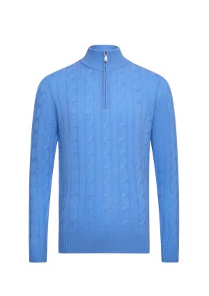 Douglas Hayward Cashmere Q Zip Cable-Azure-Front Cashmere Q Zip Cable