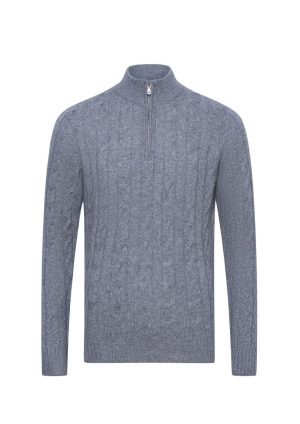 Douglas Hayward Cashmere Q Zip Cable-Silver Grey Melange-Front Cashmere Q Zip Cable